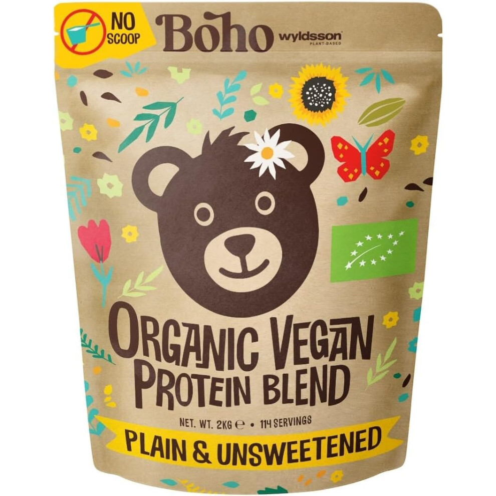 Boho Unflavoured Organic Vegan Protein Powder Blend (2Kg No Scoop Included) Plain & Unsweetened, Organic Plant Based Protein, Dairy Free, Gluten Free