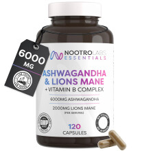 Nootro Essentials Ashwagandha & Lion's Mane Capsules 6000mg, High Strength Mushroom Supplement for Focus, Calm & Stress Relief Support (60 Servings -