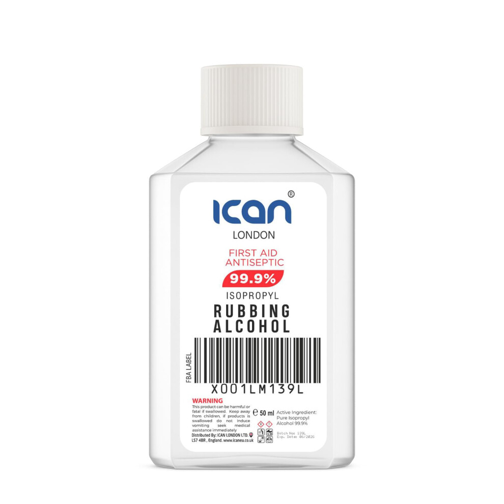 Ican London Isopropyl Rubbing Alcohol 99.9% First Aid Antiseptic Disinfectant 50Ml Travel Size