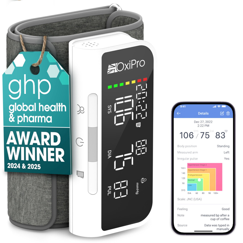Oxipro Bp2 Smart Blood Pressure Monitors With App - Health & Pharma Awards Winner 2025 - Arm Blood Pressure Machines - Universal Small To Large Arm C
