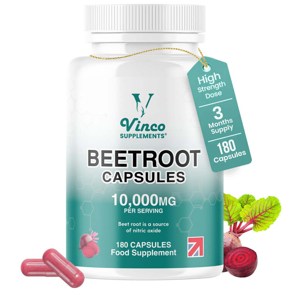 Vinco Supplements Black Vinco Beetroot Capsules 10,000Mg - High Strength Beetroot Supplement 180 Vegan Capsules - Nitric Oxide Support - Enriched With Pepper - Made In