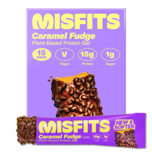 Misfits Vegan Protein Bars - Caramel Fudge | Sports Nutrition Bars - 15 grams Protein | 1 gram Sugar | Plant-Based, Low Carb, High Fibre | No Palm Oi
