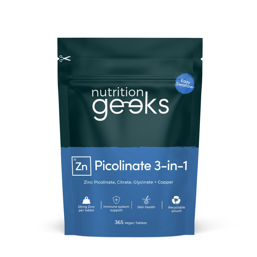 Nutrition Geeks Zinc Supplements 25Mg - 12 Month Supply With Zinc Picolinate, Bisglycinate And C