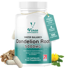 Vinco Dandelion Root Capsules 5000mg - 120 Vegan Capsules (4-Month Supply) - High Strength Herbal Supplement for Bloating & Detox - Water Retention T