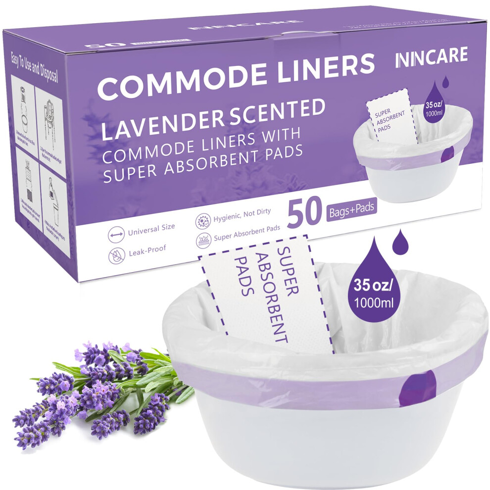 Inincare Commode Liners With Absorbent Pads For Bedside Commode, 50 Lavender Scented Commode Liners And Pads, Potty Bags For Portable Toilet, Potty C