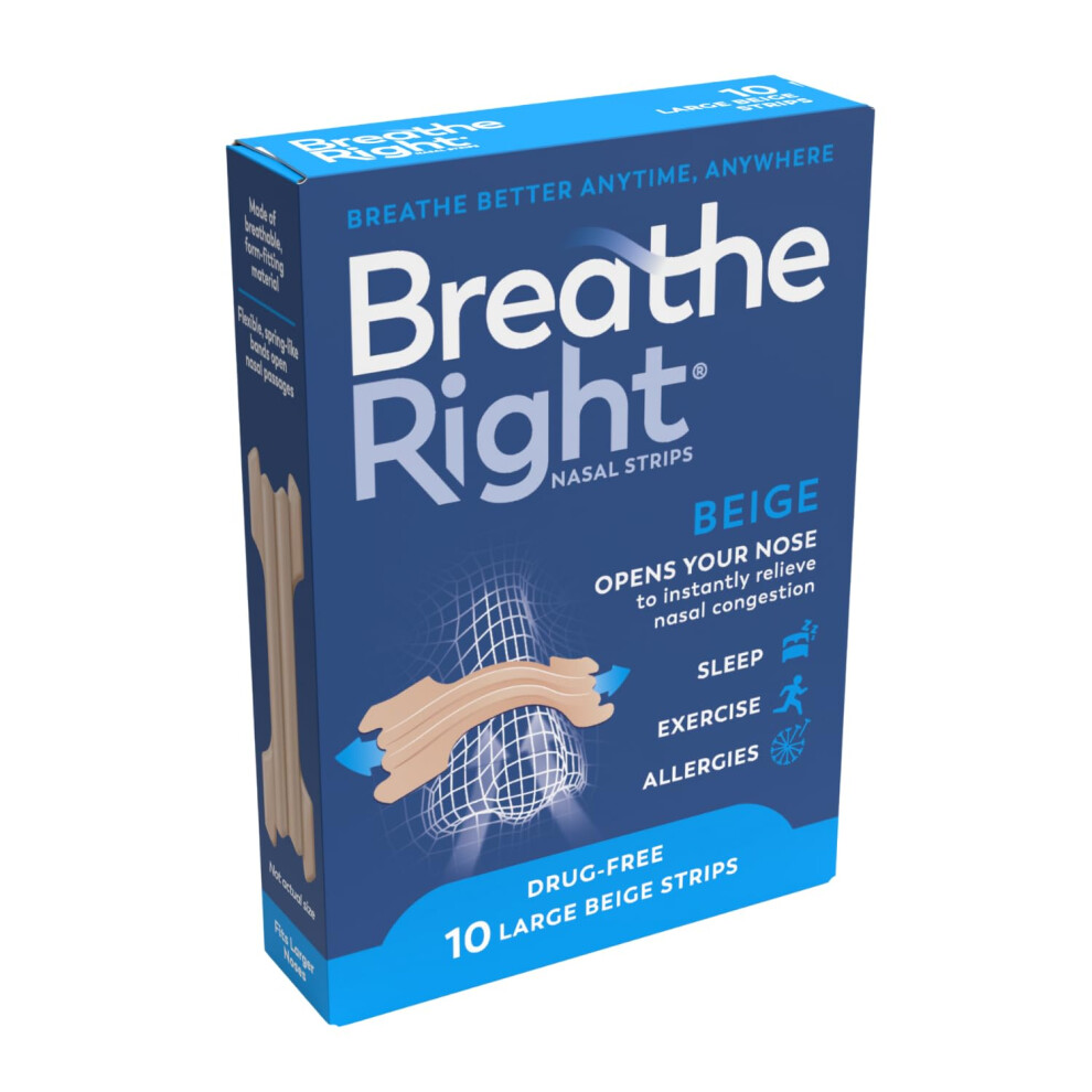 Breathe Right Beige Original Tan, Large 10 Pieces, Nasal Strips For Snoring, Nose Strips For Breathing, Blocked Nose Relief, Drug-Free Snoring Aid Fo
