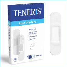Teneris Aqua Waterproof Plasters - Pack of 100 – Transparent, Hypoallergenic, Latex-Free Wound Dressings for Cuts, Blisters & Grazes – Washproof,