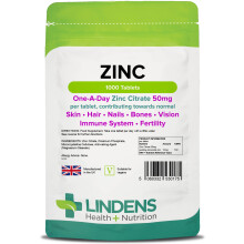 Lindens Zinc Citrate 50mg Tablets - 1000 Pack - High Strength 150% Nrv Dose Contributing Towards Normal Skin, Hair, Nails, Bones, Vision, Immune Syst