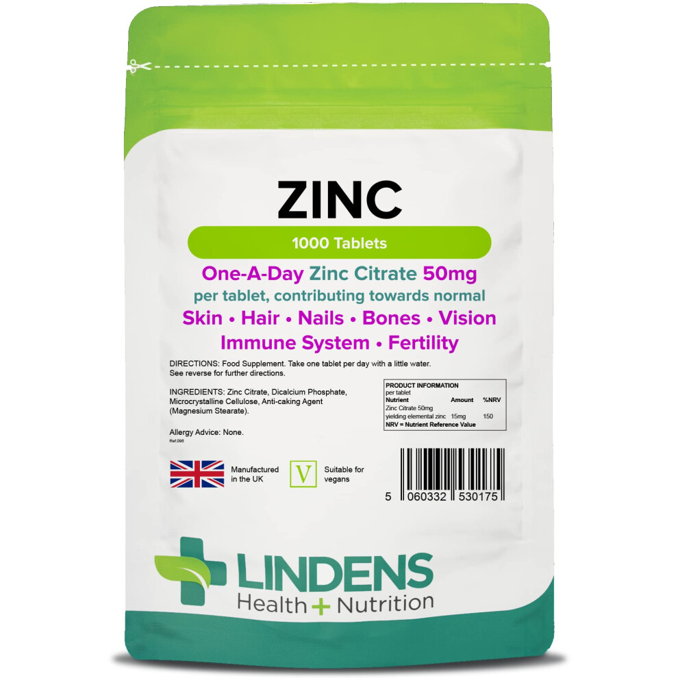 Lindens Zinc Citrate 50Mg Tablets - 1000 Pack - High Strength 150% Nrv Dose Contributing Towards Normal Skin, Hair, Nails, Bones, Vision, Immune Syst