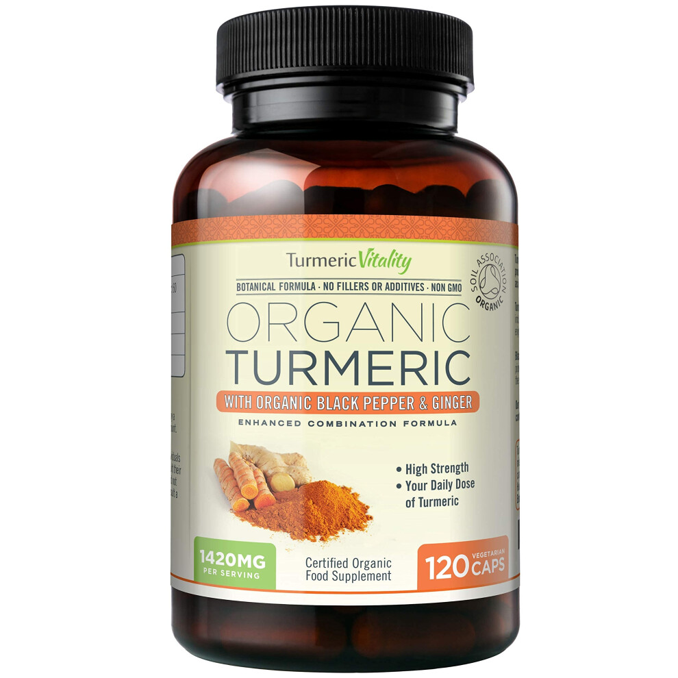 Turmeric Vitality Black Organic Turmeric Curcumin Capsules 1420Mg High Strength Serving With Pepper & Ginger For Maximum Absorption Of Curcumin | 120 Veg Capsules - Ce