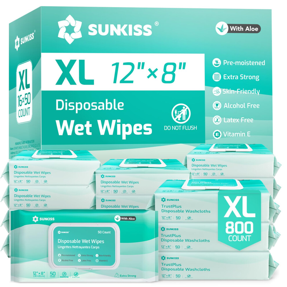 Sunkiss Trustplus Wet Wipes For Adult No Rinse, Extra Large 8ÂX12â Body Cleaning Washcloths For Elderly Incontinence & Cleansing, Unscented, 800 C