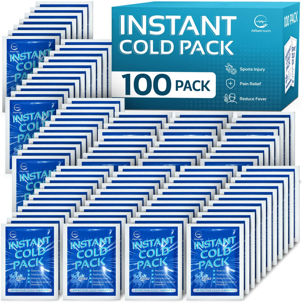 Allsett Health 100 Packs - Instant Cold Pack - Disposable Instant Ice Packs For Injuries | Cold Compress Ice Pack For Pain Relief, Swelling, First Aid, Toothache, P