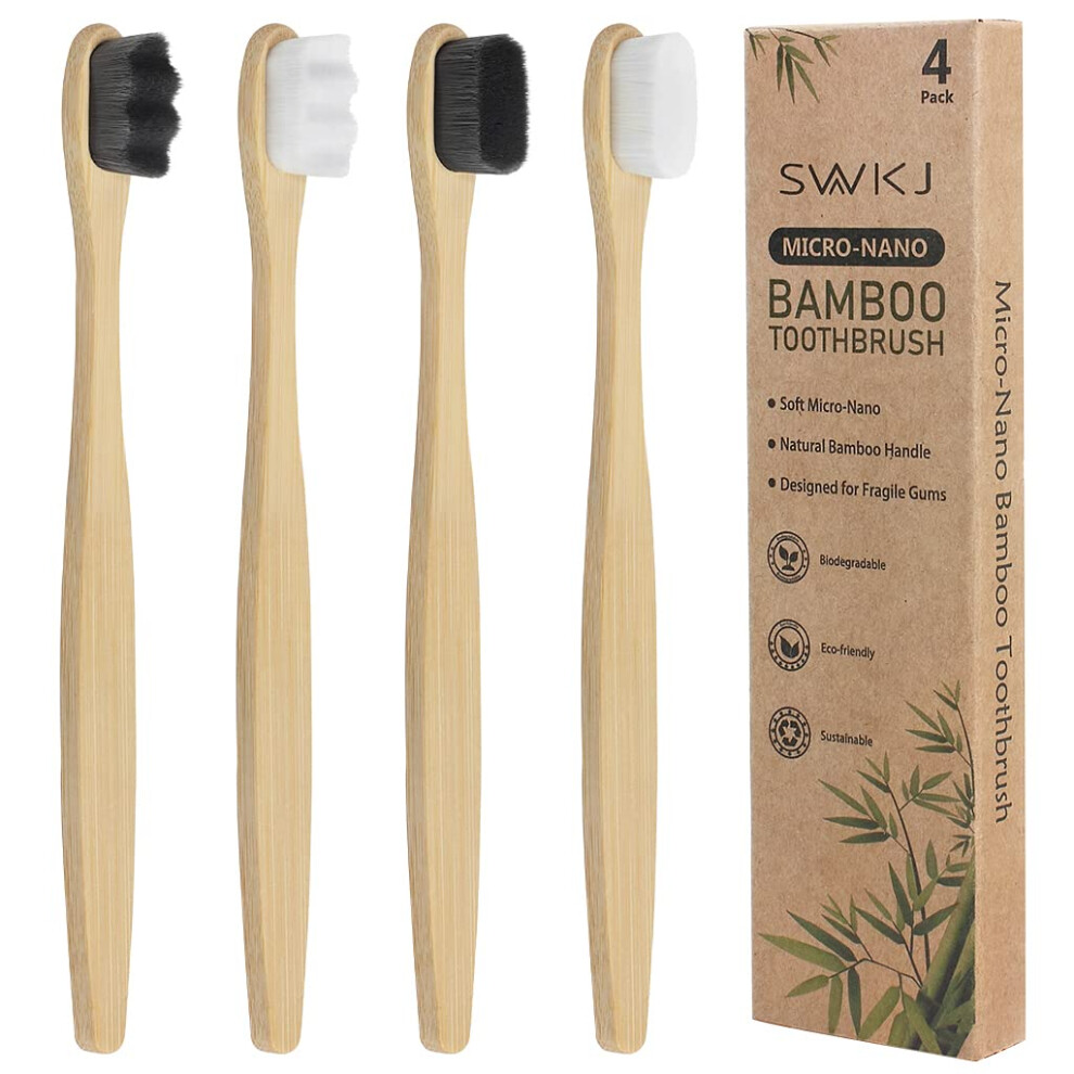 Swkj White/Grey 4 Pcs Soft Bamboo Micro-Nano Toothbrushes, Extra Soft Toothbrush With 20000 Bristles Designed For Sensitive Gums Kids Adults ( And Bristl