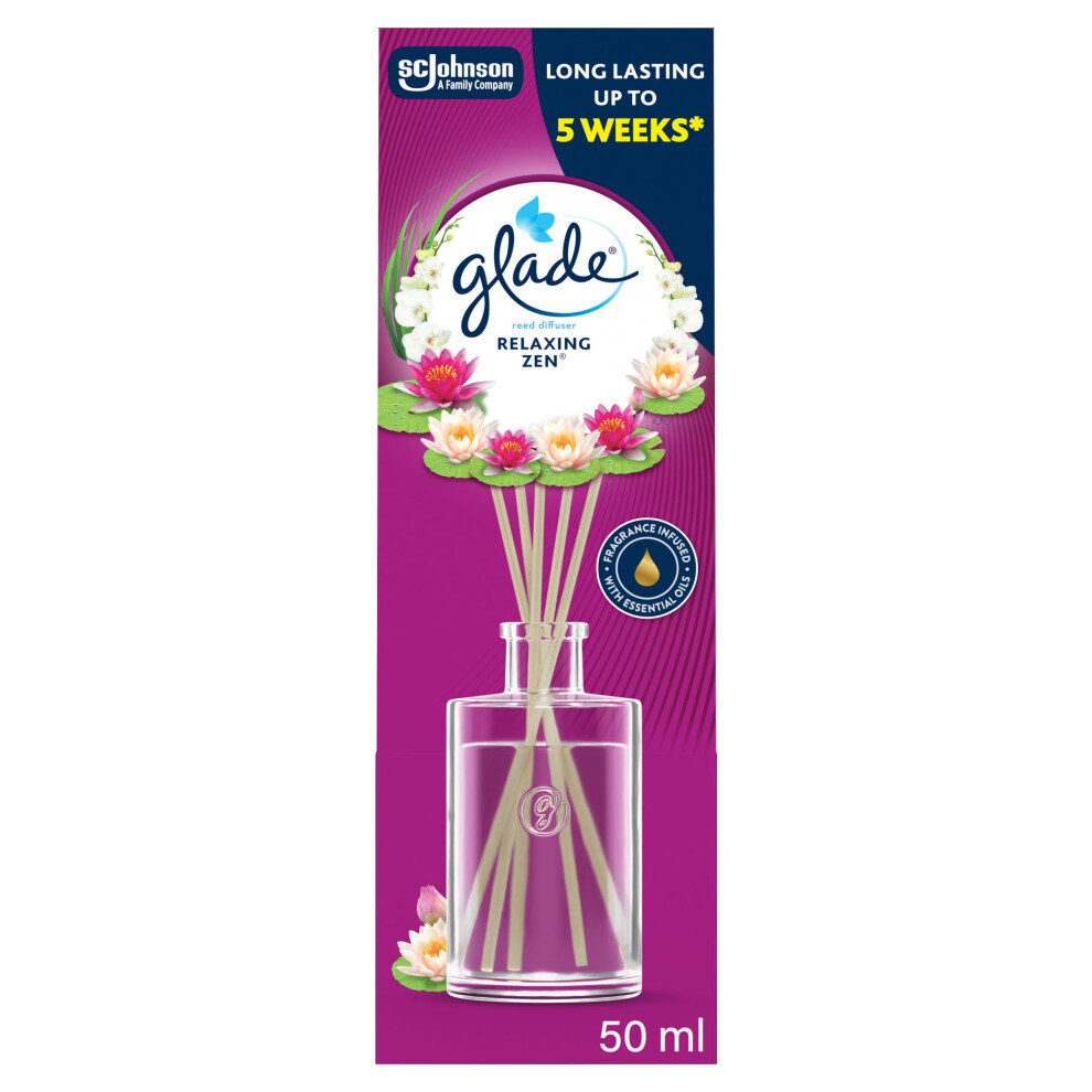 Glade Reed Diffuser, Home Fragrance Infused With Essential Oils, Room Air Freshener With Up To 5 Weeks Of Continuous Fragrance, Relaxing Zen, 50Ml