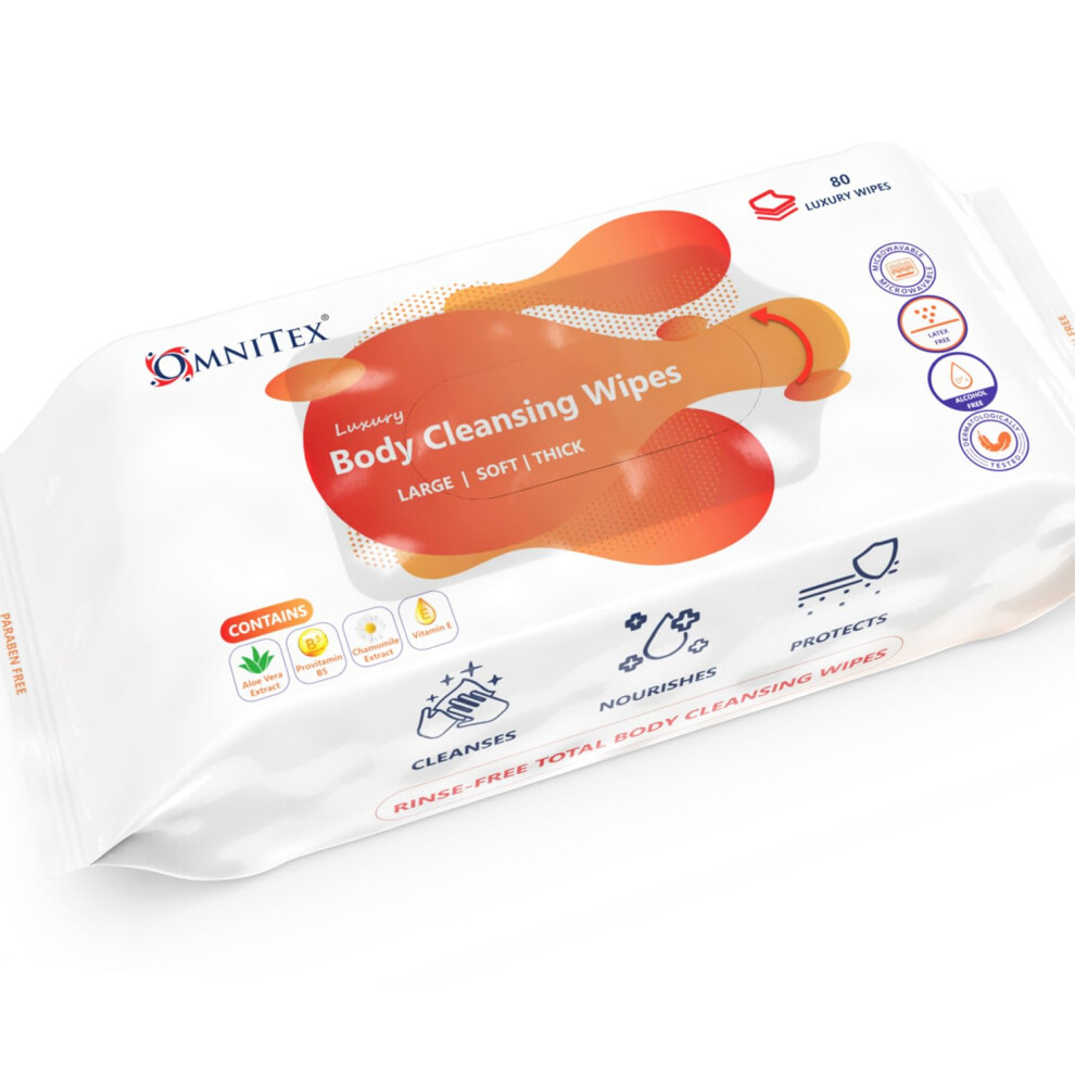 Omnitex 80X Thick Luxury Body Cleansing Wipes - Microwaveable | Large Rinse Free Bed Bath Wipes For Elderly | With Aloe Vera & Vitamins | Nourish, Cl