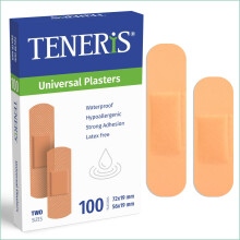 Teneris Universal Plasters - Pack of 100 – Waterproof, Hypoallergenic, Latex-Free PE Wound Dressings with Strong Adhesive for Cuts, Blisters & Graze