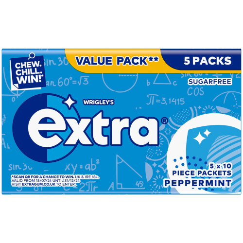 Wrigley's Extra Peppermint Chewing Gum Sugar Free Multipack, 5 x 10 Pieces
