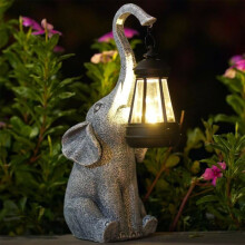 Tuinolifantbeeld met LED-zonnelampje - Weerbestendig grijs decoratief beeldje