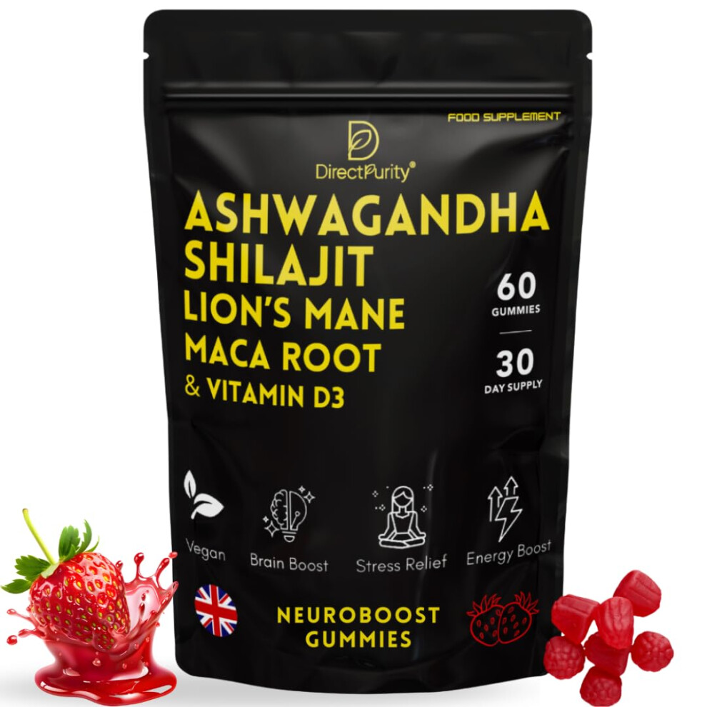 Directpurity Neuroboost 5-In-1 Wellness Gummies Â Ashwagandha, Shilajit, LionâS Mane, Maca Root & Vitamin D3 Â 60 Vegan Gummies Â Supports Relaxation, Cogn