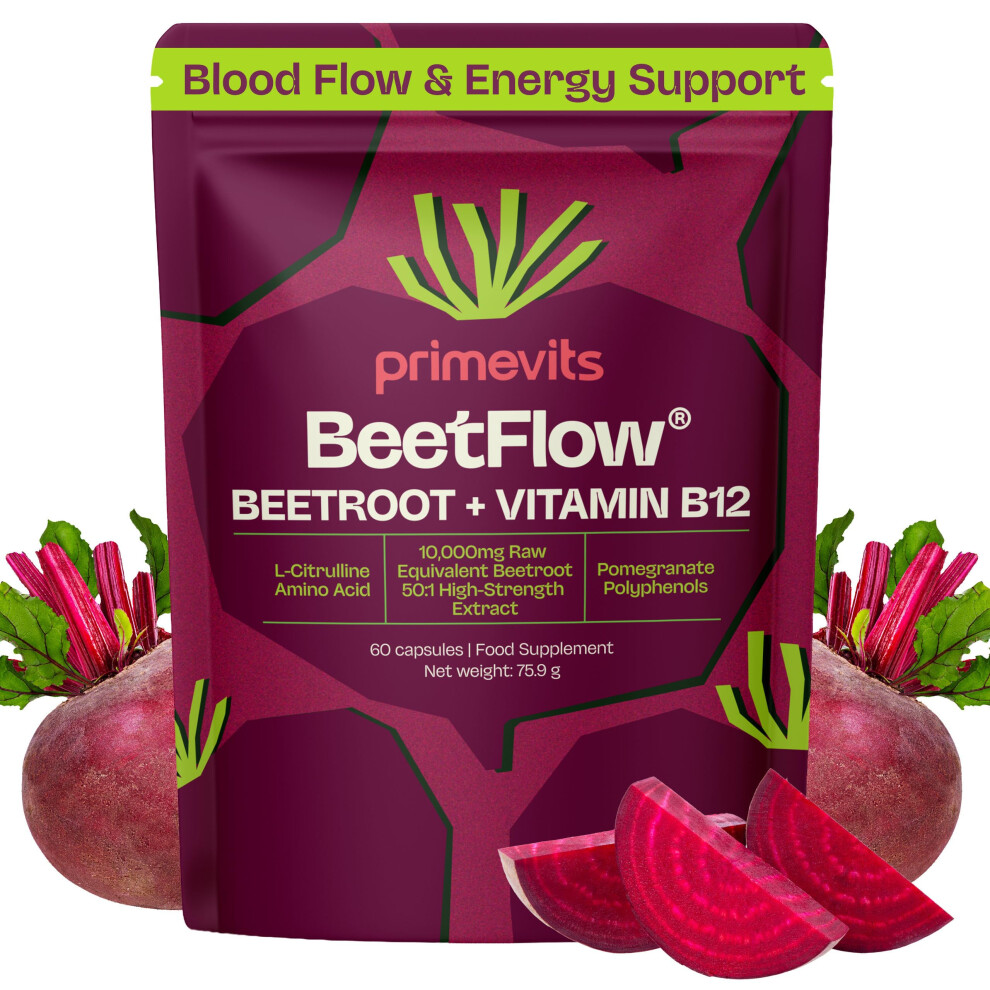 Primevits Beetroot Capsules With Vitamin B12 Â 10,000Mg Beetroot Extract 50:1 With L-Citrulline & Pomegranate Polyphenols | Nitric Oxide & Circulati