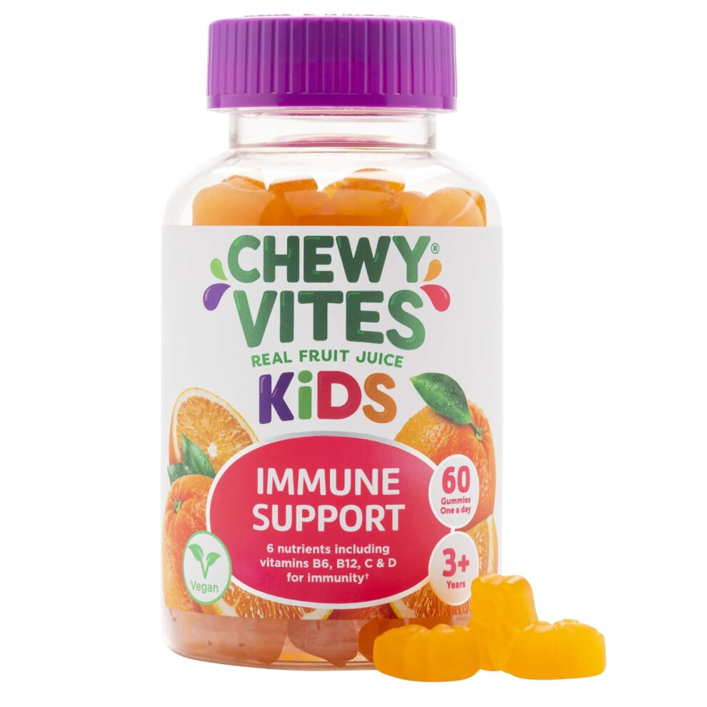 Chewy Vites Kids Immune Support, 60 Kids Vitamins Gummies, High Strength Vitamin D, Vit C, B6, B12, Zinc, Selenium, 2 Months Supply, Real Fruit Juice