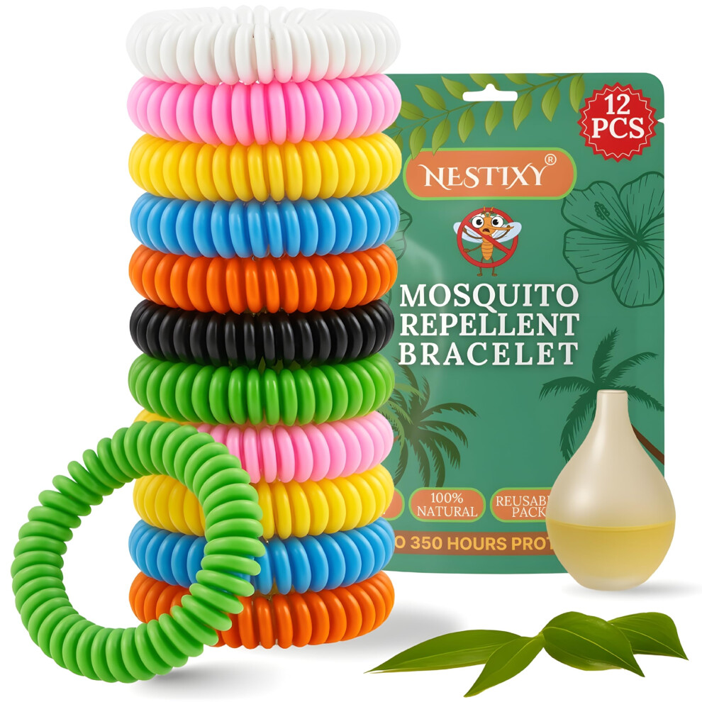Nestixy Mosquito Repellent Bracelet 12 Pcs, Adjustable Band, Deet Free Travel Essentials, Insect Repellent Bracelet - 350 Hours Mosquito Repellent, Natural A