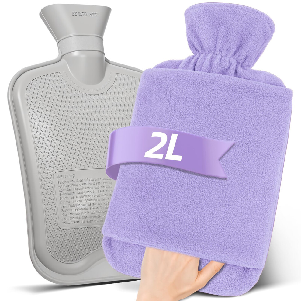 Mupas Hot Water Bottle With Fleece Cover - 2L Large Leakproof Hot Water Bag - Soft Hot Water Bottle With Hand Pocket - For Hands, Feet, Shoulders, Ne