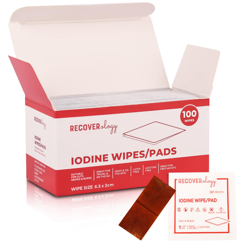 Recoverology Disposable Iodine Wipes | Pack Of 100 Individually Wrapped Sachets | Iodine Pads For Disinfection Of Minor Cuts And Grazes | Ideal For First Aid And
