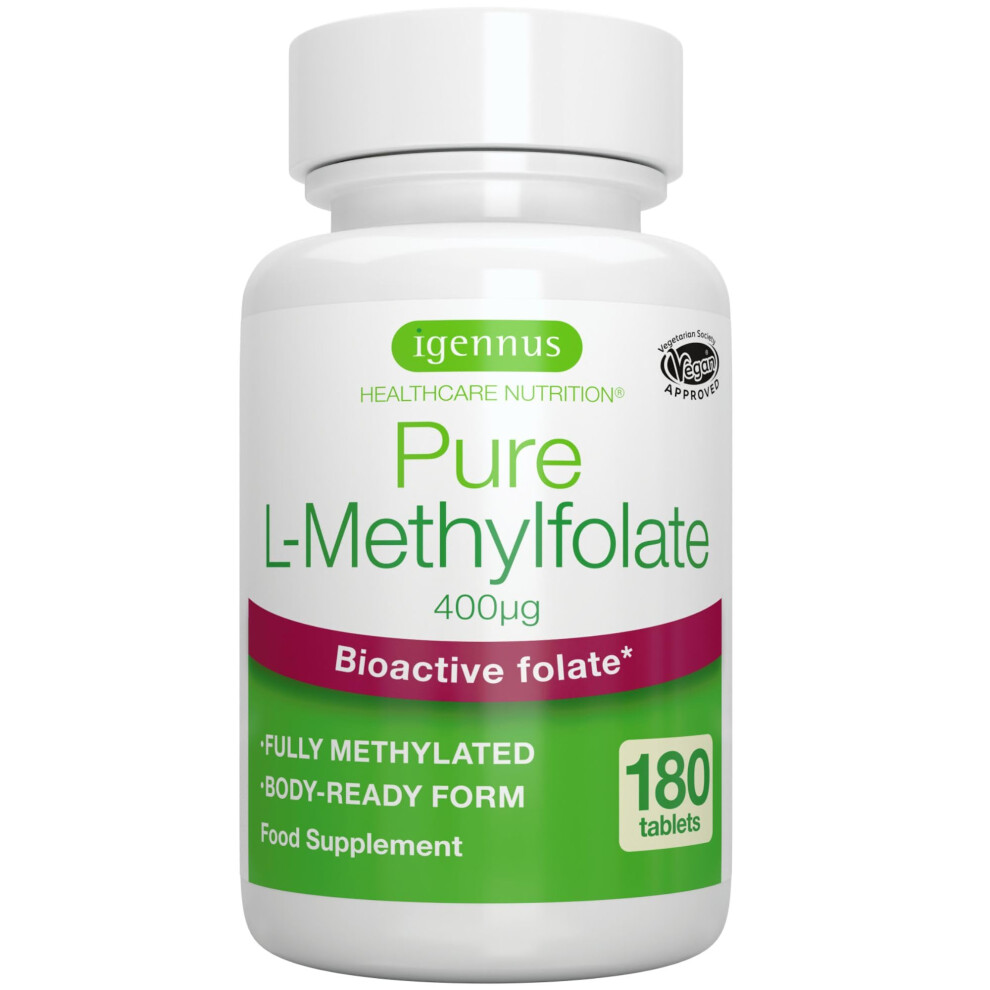 Igennus Healthcare Nutrition Igennus Pure Methyl Folate 400 Mcg, 180 Tablets, Clean Label, 5-Mthf Active Folate (Vitamin B9), Mthfr Supplement, Lab Verified, Vegan & Suitable For