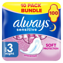 Always Sensitive Ultra Night Sanitary Towels with Wings, Size 3, 100 Towels (10 x 10 Packs), Saving Box, Odour Neutraliser, Super Absorbent Core, Pac