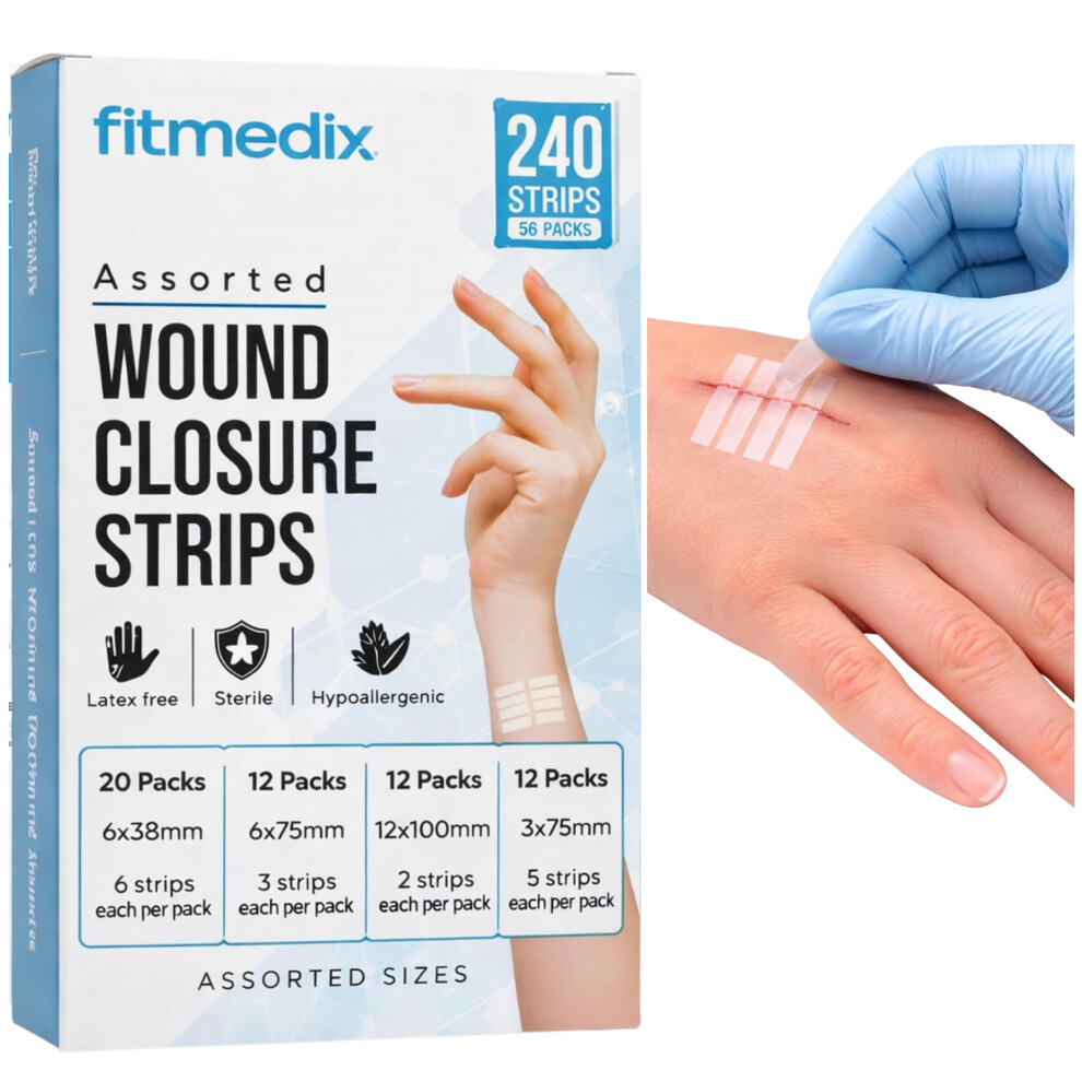 Fitmedix Sterile Wound Closure Suture Strips Assorted - 4 Sizes (240 Strips / 56 Packs) Latex-Free, Hypoallergenic Skin Closure Strips For Minor Cuts