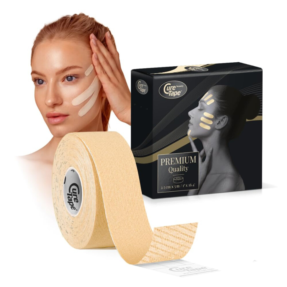 Curetape Beauty Kinesiology Tape | Anti-Wrinkle Face Tape | Face Lift Tape For Toning, Firming & Tightening The Skin (Light Beige, 2.5Cm X 5M, Pack O