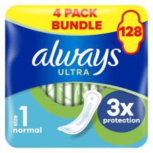 Always Ultra Sanitary Towels/Pads with Wings, Normal Size 1, Ultra Thin, 128 Towels (32 x 4 Packs), Super Saving Box, Odour Neutraliser, Super Absorb