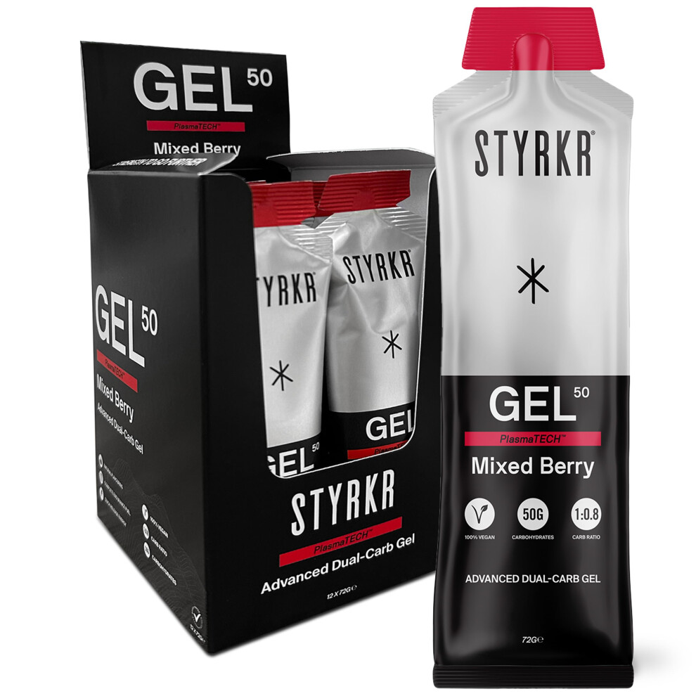 Styrkr Gel50 Energy Gels By - 50G Of Carbs - Pack Of 12 Berry Flavoured Energy Gels For Cycling & Running - Approved By Endurance Athletes - A