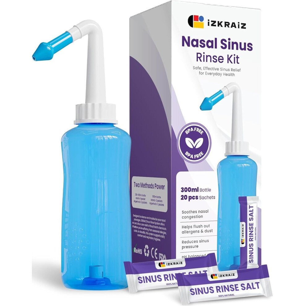 Izkraiz Nasal Rinse Kit Â 300Ml Bottle + 20 Saline Packets Â Neti Pot For Sinus Relief &