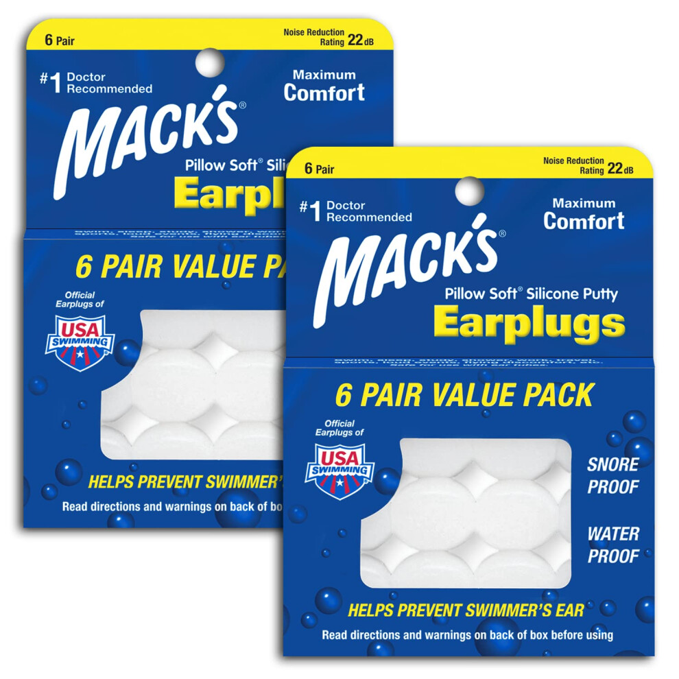 Mack's Pillow Soft Silicone Earplugs - 6 Pair (Pack Of 2), Value Pack Â The Original Moldable Silicone Putty Ear Plugs For Sleeping, Snoring, Swimmi