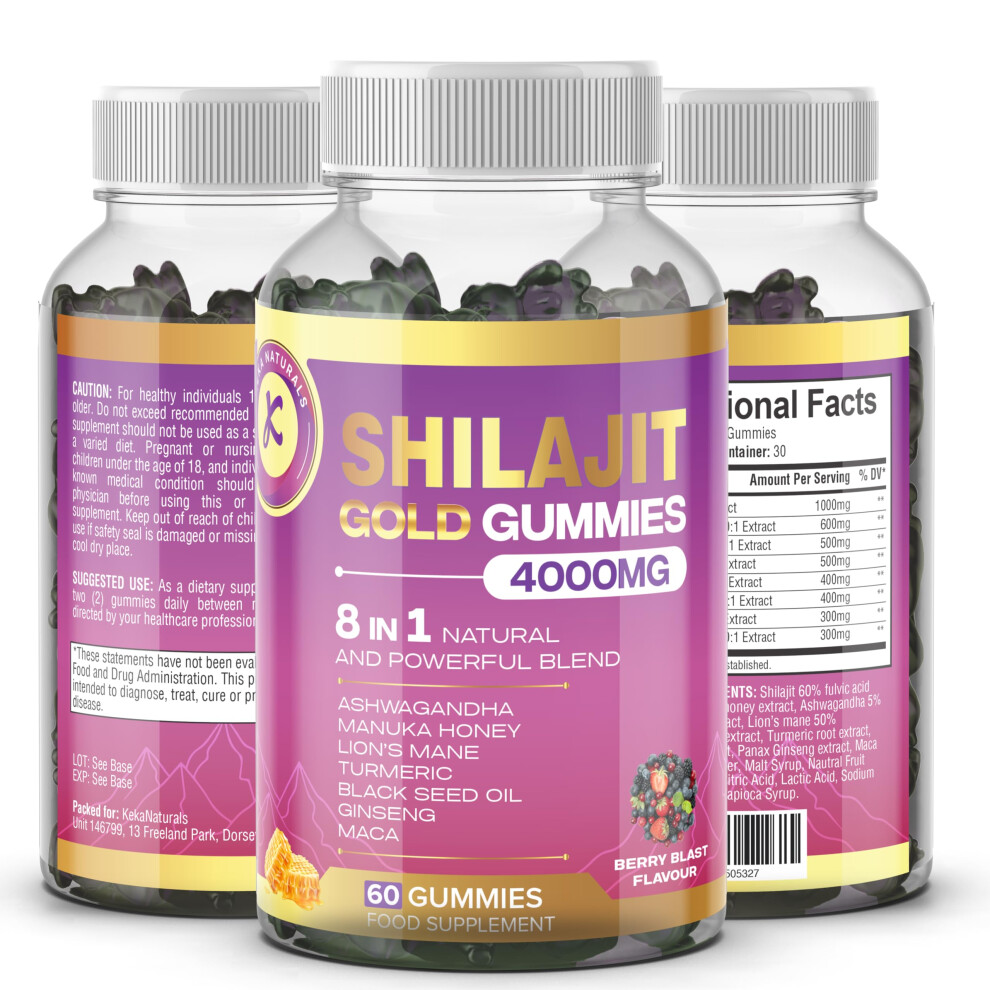 Keka Naturals Shilajit Gummies 8-In-1 Blend - Ashwagandha, Manuka Honey, Maca Root, Ginseng, Turmeric, LionâS Mane, Black Seed Oil - High Strength, 60 Gummies