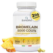 Bandini Bromelain High Strength 5000 GDU/g per Serving - 200 Gastro-Resistant Tablets - Digestive Enzyme, Strong Bromelain Pure Pineapple Extract, H