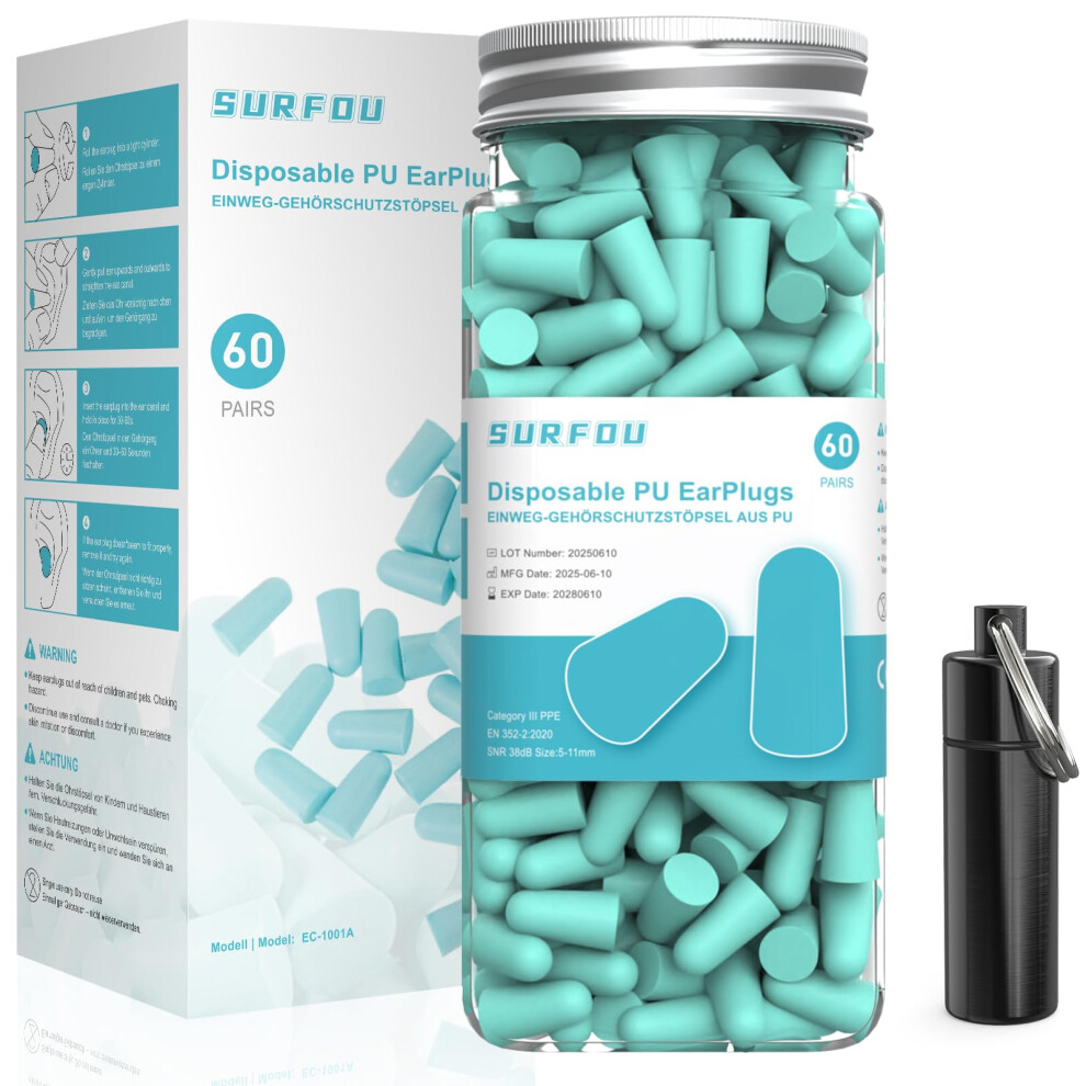 Surfou Ear Plugs For Sleep 60 Pairs, 38Db Noise Reduction, Reusable, Ultra Soft Foam Earplugs, Comfortable For Side Sleepers, Travel, Concerts, Work