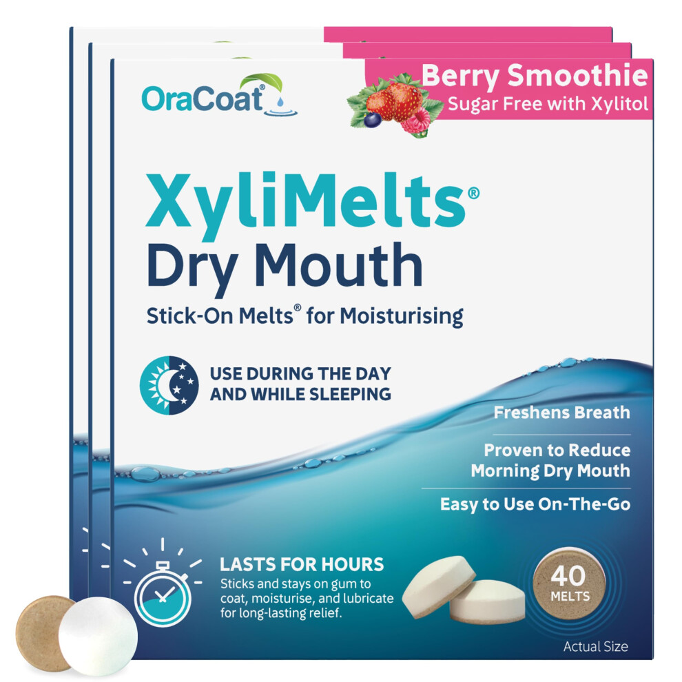 Oracoat Xylimelts Dry Mouth Relief Discs Berry Smoothie (120 Count) Â Xylitol Oral Adhering Tablets For Day Or Night, Long-Lasting Dry Mouth Relief & Saliva