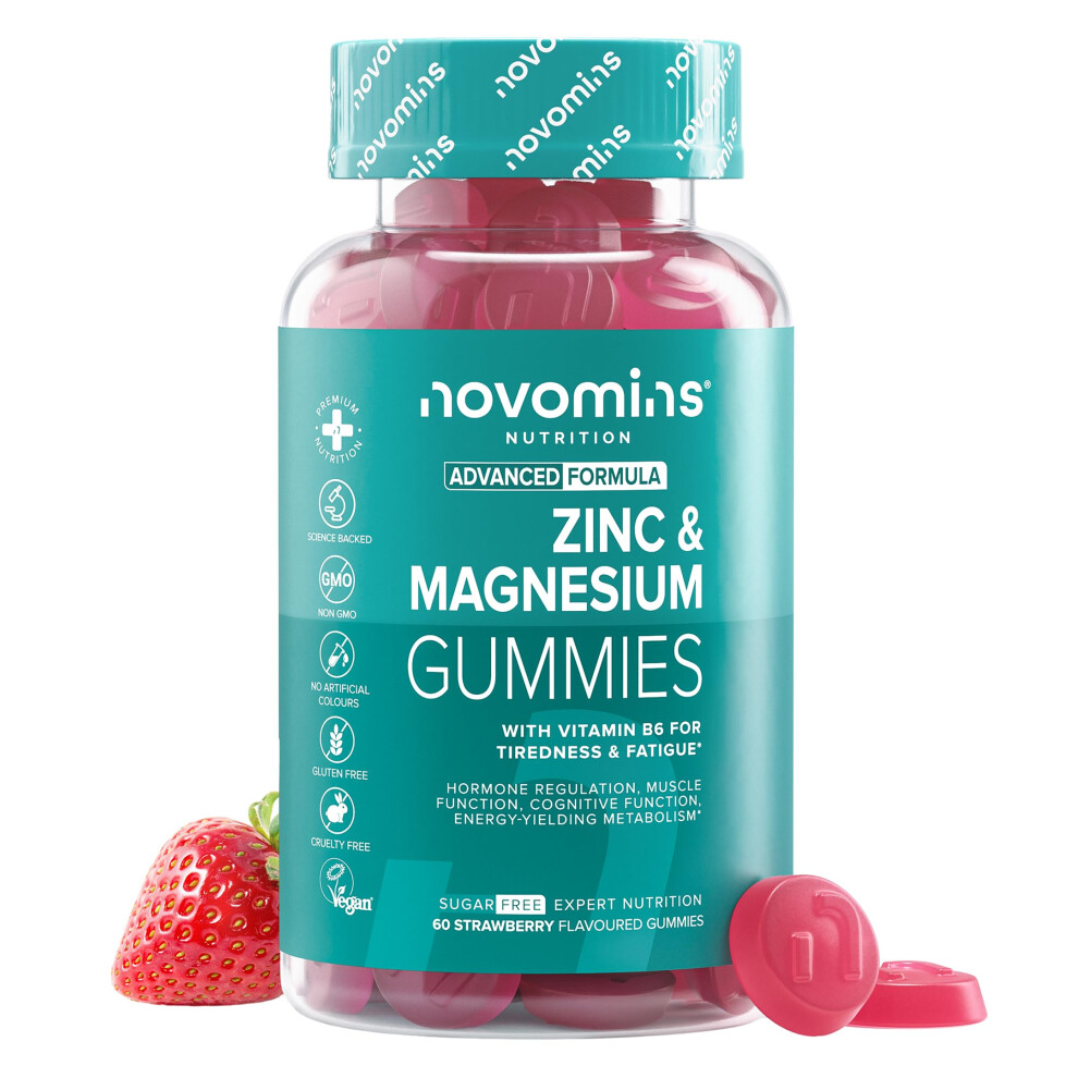 Novomins Zinc & Magnesium Gummies - Sugar Free - 60 Gummies - Supplements For Men & Women - Muscles, Bones & Energy - With Vitamin B6 - High Strength Magnesiu