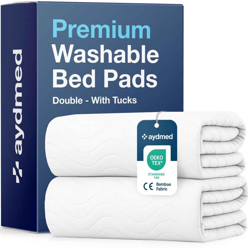 Aydmed 2 X Premium Bamboo Washable Incontinence Bed Pads With Tucks | For Double Beds | Maximum Absorbency Kylie Sheets | Reusable Waterproof Bed Wet