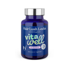 Vitawell Hair Lush Locks Gummies - Hair Growth + Skin + Nails Vitamins Chews | Complex Formula 5000µg Biotin + Zinc + Vitamin A, D3, C, B12 | 60 Berr