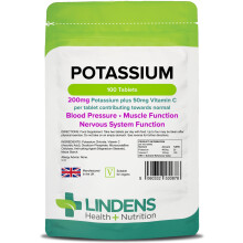 Lindens - Potassium 200mg Tablets with 50mg Vitamin C - 100 Tablets - UK Made - Contributes to Normal Blood Pressure, Muscle Function and Nervous Sys