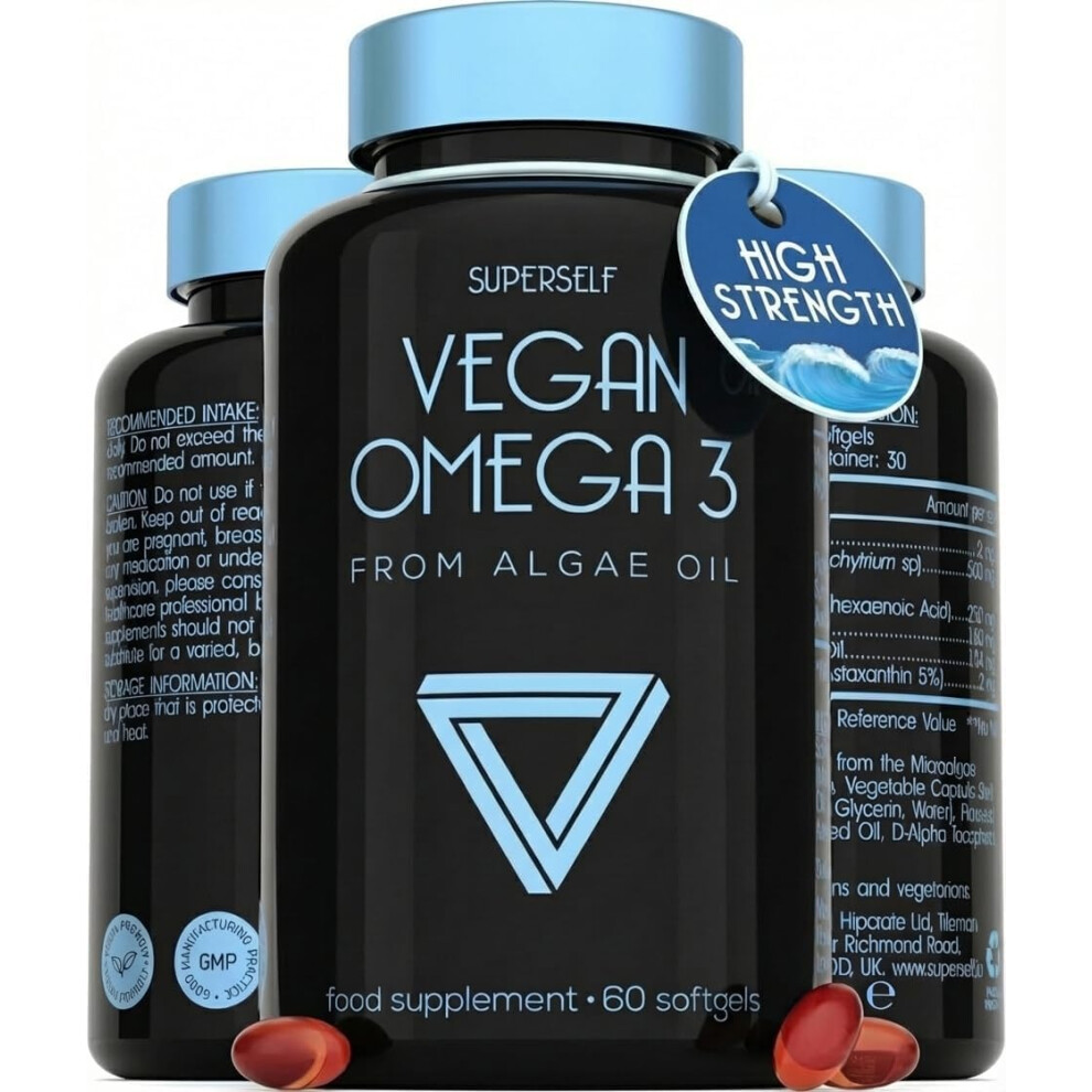 Superself Vegan Omega 3 Capsules - High Strength Dha From Algae Oil With Flaxseed Oil, Astaxanthin, Vitamin E - Algae Omega 3 Vegan - 60 Easy Swallow Softgel T
