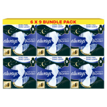 Always Infinity FlexProtect Sanitary Towels, Size 4 Secure Night, 9 Count Case of 6, Unscented, for up to Zero Feel & Zero Leaks, Softest Top-Layer,