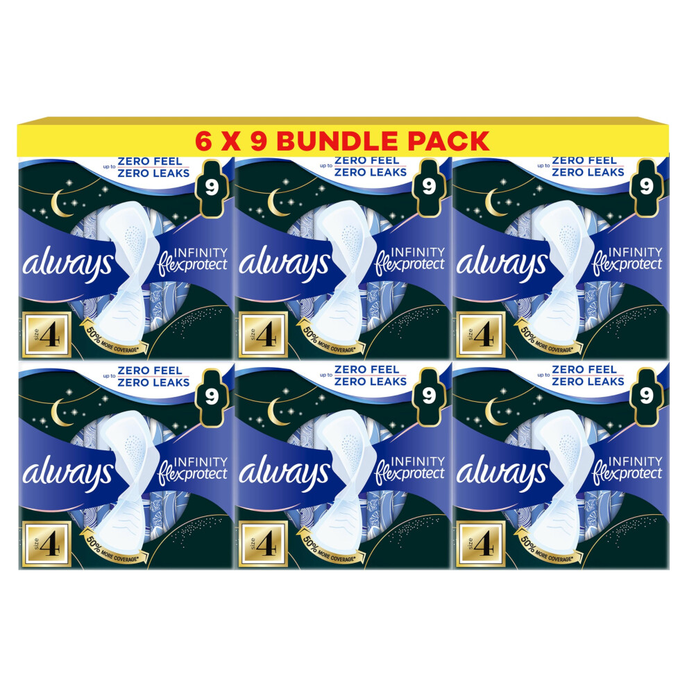 Always Infinity Flexprotect Sanitary Towels, Size 4 Secure Night, 9 Count Case Of 6, Unscented, For Up To Zero Feel & Zero Leaks, Softest Top-Layer,