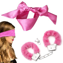 Metal Handcuffs with 2 Keys, Fluffy Handcuffs Satin Eye Mask, Handcuffs for Women Cosplay,Handcuffs Prop Dress Ball Party,Satin Headband for Sleeping