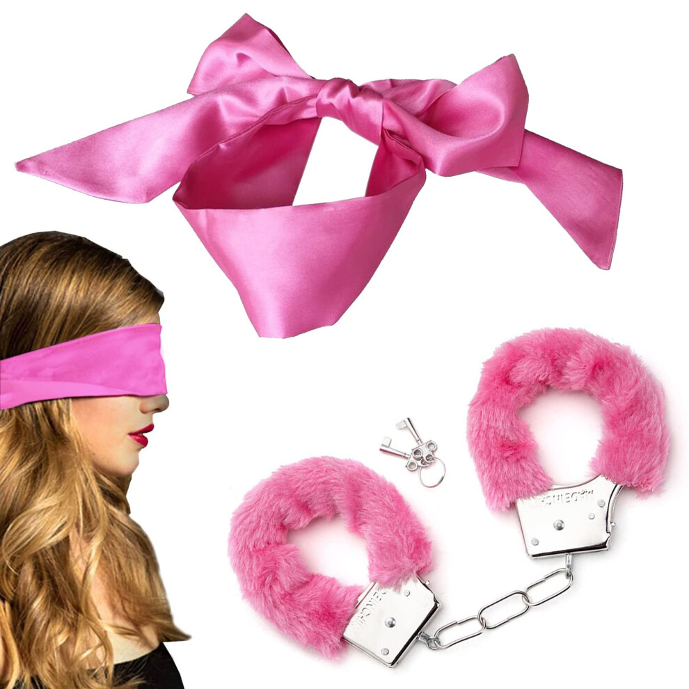 Dmq Metal Handcuffs With 2 Keys, Fluffy Handcuffs Satin Eye Mask, Handcuffs For Women Cosplay,Handcuffs Prop Dress Ball Party,Satin Headband For Sleeping