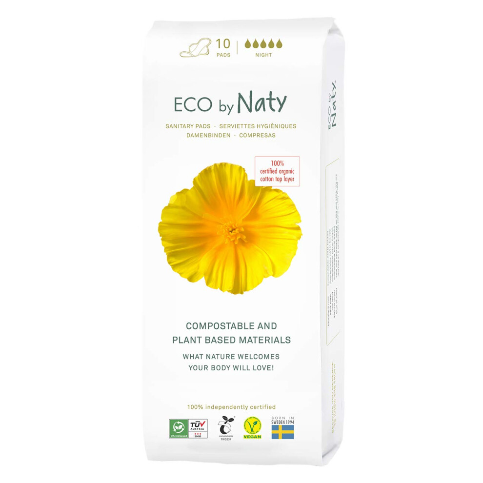 Naty Sanitary Pads Night Â Plantbased And Absorbent For Women, Organic Cotton Menstrual Product, Better For Feminine Health (10 Count)